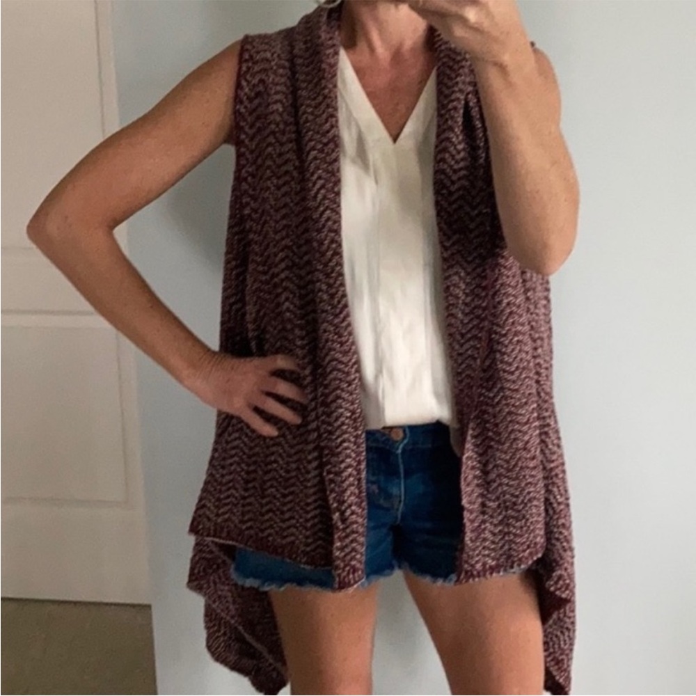 Wine & Ivory Color Long Open Style Cardigan - Picture 6 of 9
